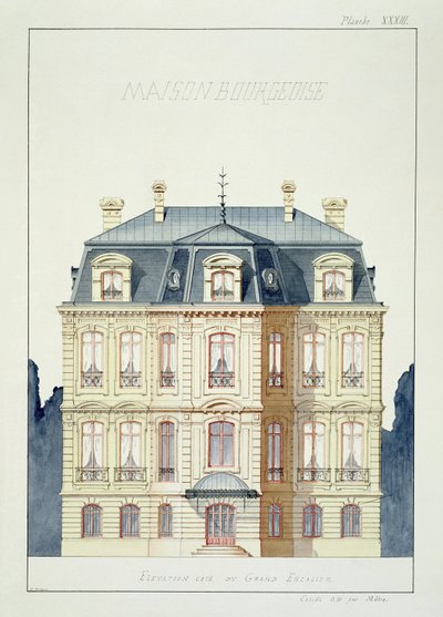 Vorderansicht eines Hauses für das Bürgertum, Tafel XXXIII, aus einem Folioband von Entwürfen, ca. 1870 von H. Monnot